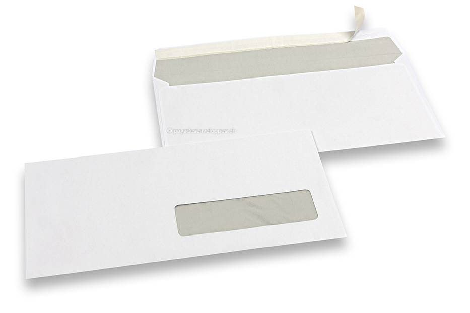 Enveloppes à fenêtre, blanche, 110 x 220 mm (EA5/6), fenêtre à droite 30 x 100 mm, position de la fenêtre à 15 mm du droit et à 20 mm du bas, bande adhésive, 80 grammes