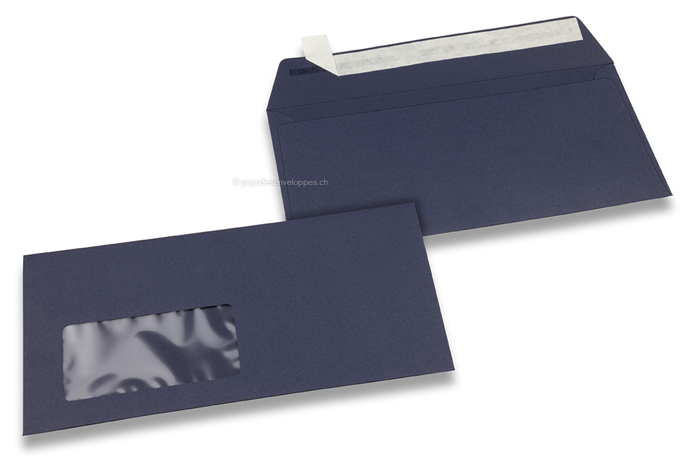 Enveloppes à fenêtre colorées - Bleu foncé, 110 x 220 mm (DL), fenêtre à gauche, format de la fenêtre 45 x 90 mm, position de la fenêtre 20 mm à partir de la gauche / 15 mm bord en bas, fermeture par bande adhésive, papier de 120 grammes