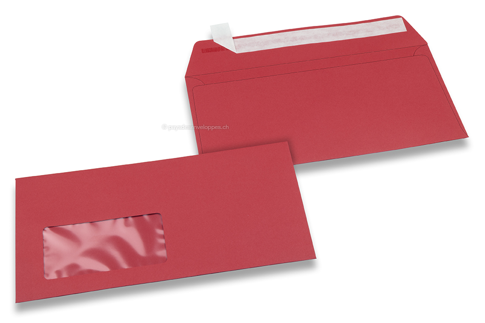 Enveloppes à fenêtre colorées - Rouge, 110 x 220 mm (DL), fenêtre à gauche, format de la fenêtre 45 x 90 mm, position de la fenêtre 20 mm à partir de la gauche / 15 mm bord en bas, fermeture par bande adhésive, papier de 120 grammes