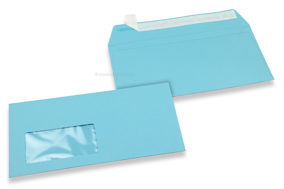 Enveloppes à fenêtre colorées - Bleu ciel, 110 x 220 mm (DL), fenêtre à gauche, format de la fenêtre 45 x 90 mm, position de la fenêtre 20 mm à partir de la gauche / 15 mm bord en bas, fermeture par bande adhésive, papier de 120 grammes