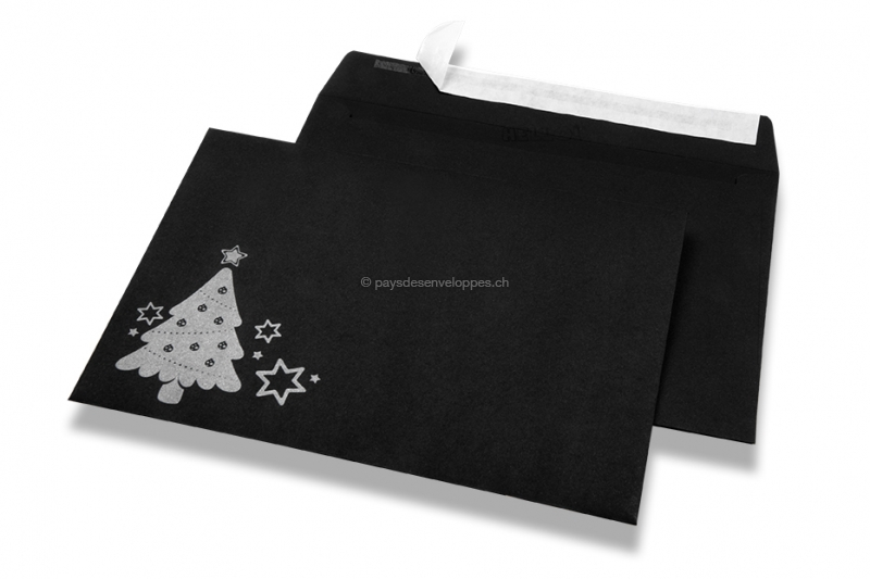 Enveloppes colorées pour Noël - Noir, avec sapin de Noël