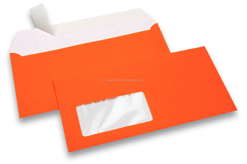 Enveloppes fluo - orange, avec fenêtre 45 x 90 mm, position de la fenêtre à 20 mm du gauche et à 15 mm du bas