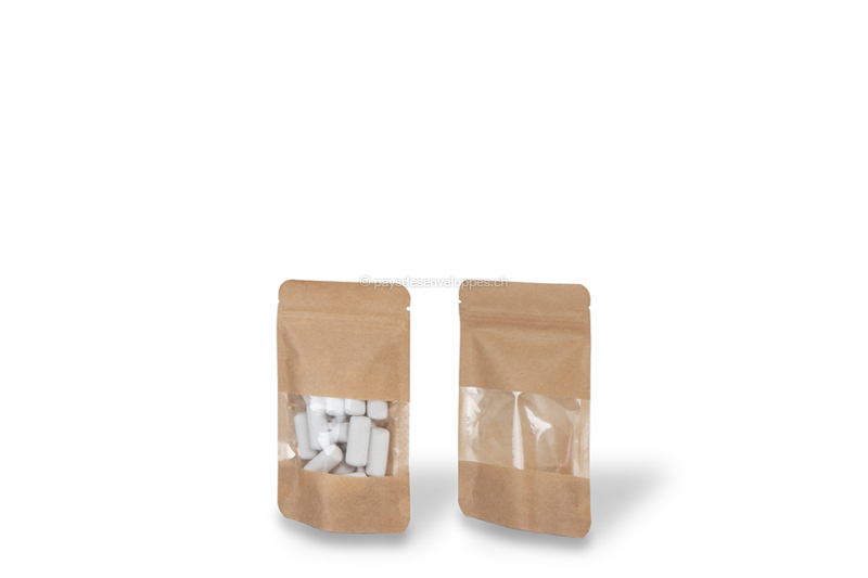 Sachets kraft à fermeture zip avec fenêtre - brun, 85 x 145 x 50 mm, 100 ml