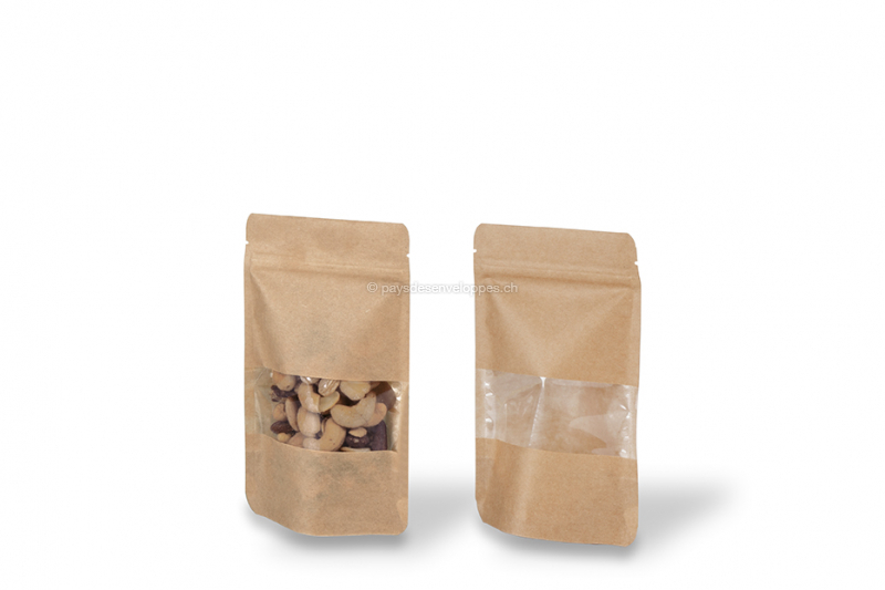 Sachets kraft à fermeture zip avec fenêtre - brun, 110 x 185 x 70 mm, 250 ml