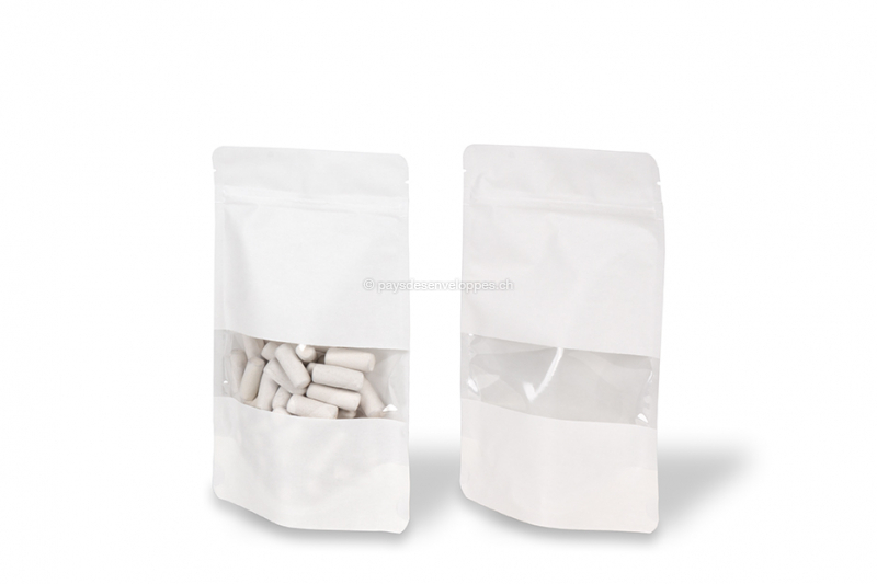 Sachets kraft à fermeture zip avec fenêtre - blanc, 130 x 225 x 70 mm, 500 ml
