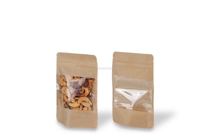 Sachets kraft à fermeture zip avec fenêtre extra large - 110 x 185 x 70 mm, 250 ml