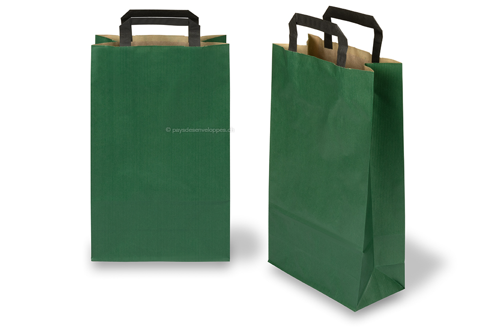 Sacs papier kraft avec anses plates - vert, 220 x 105 x 360 mm