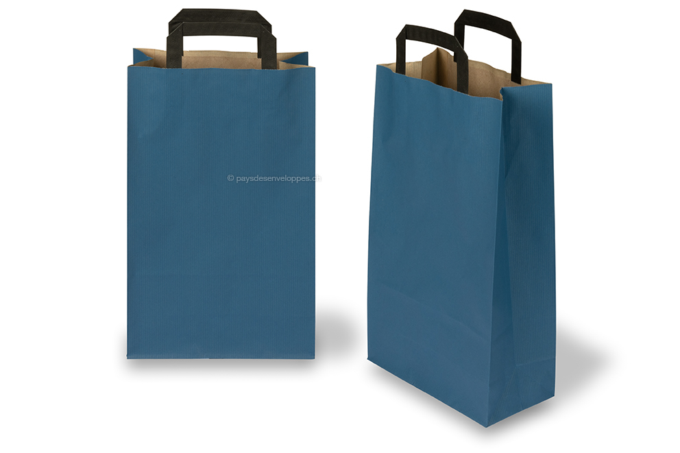 Sacs papier kraft avec anses plates - bleu, 220 x 105 x 360 mm