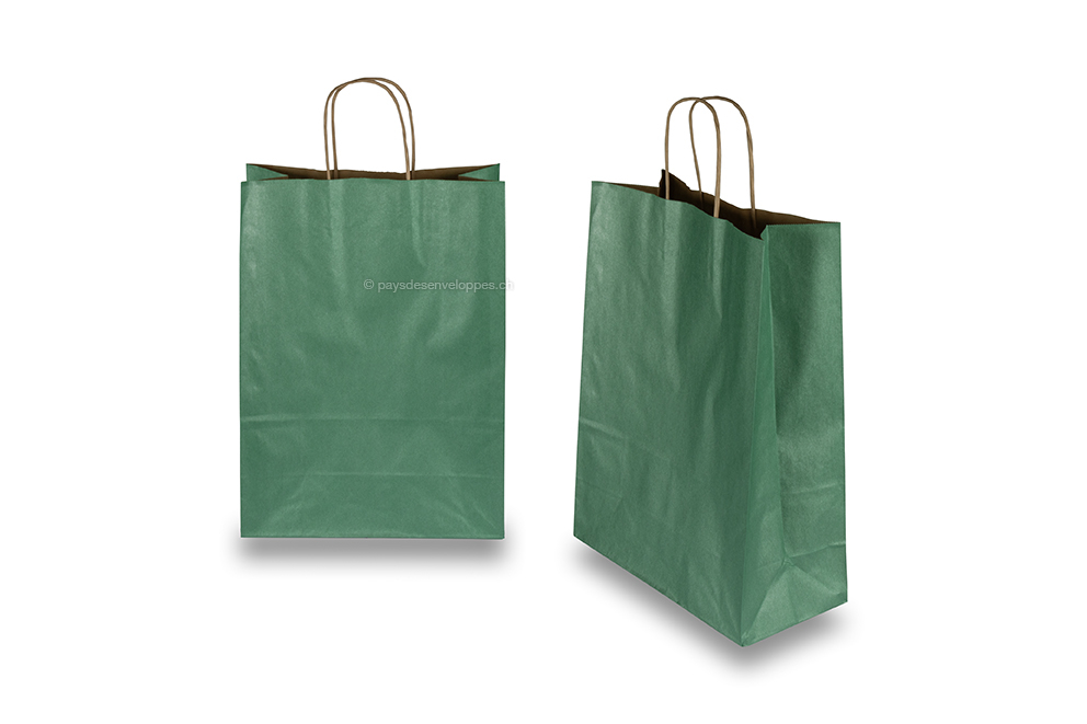 Sacs papier kraft avec anses rondes - vert foncé métallisé, 260 x 120 x 350 mm, 90 gr