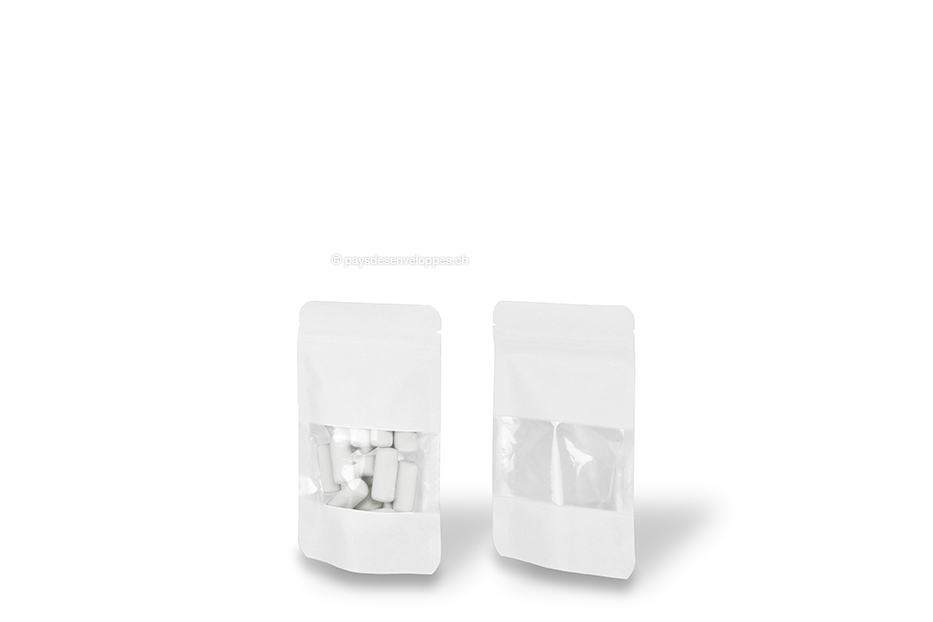 Sachets kraft à fermeture zip avec fenêtre - blanc, 85 x 145 x 50 mm, 100 ml