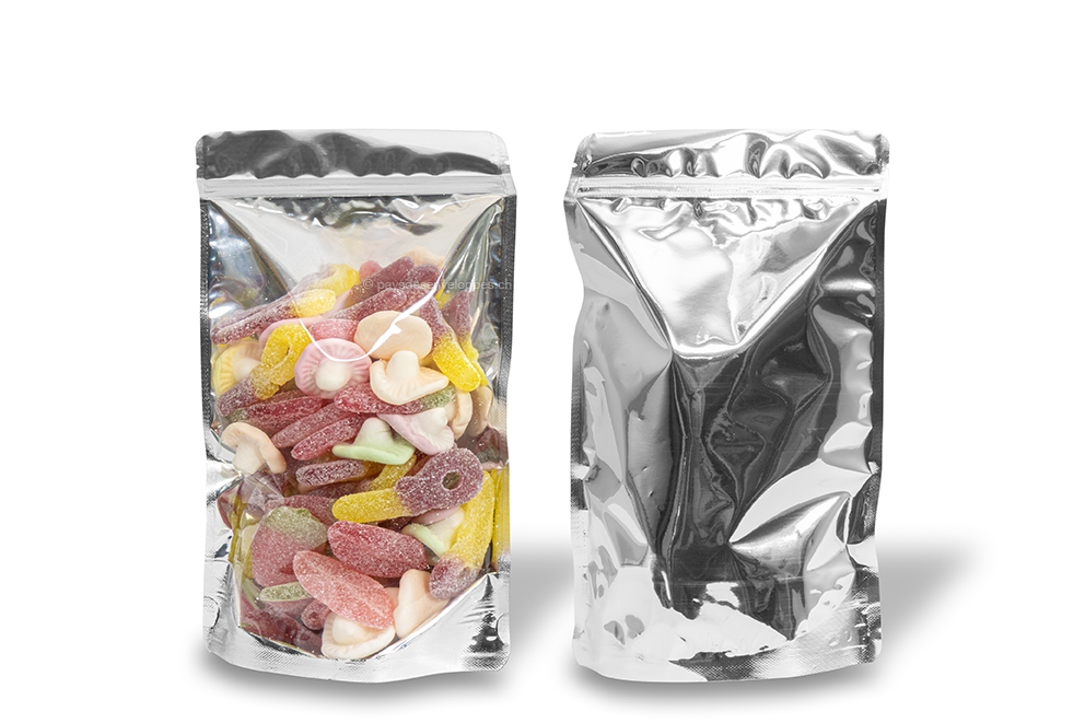 Sachets stand-up métalliques transparents - argent métallisé, 160 x 270 x 80 mm - 750 ml