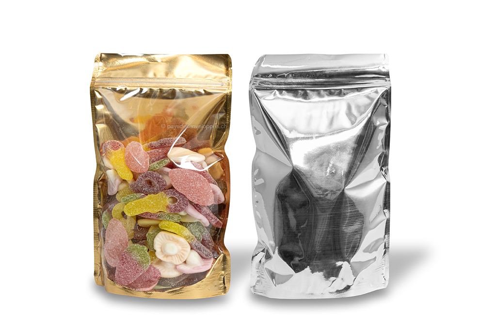 Sachets stand-up métalliques transparents - or métallisé, 160 x 270 x 80 mm - 750 ml