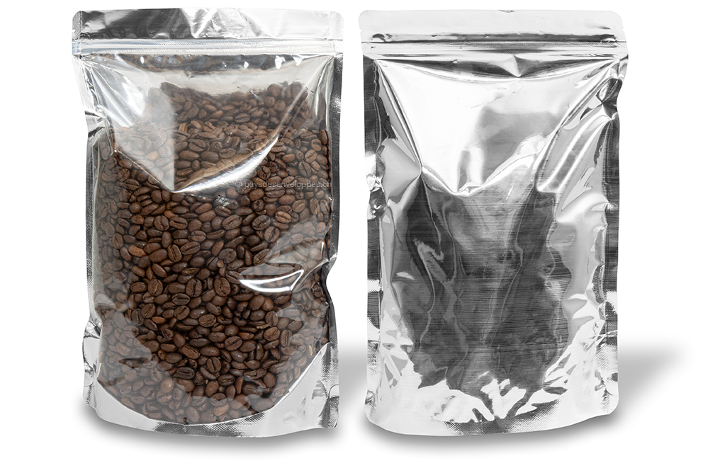 Sachets stand-up métalliques transparents - argent métallisé, 200 x 300 x 100 mm - 1800 ml