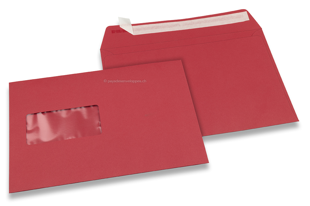 Enveloppes à fenêtre colorées - Rouge, 162 x 229 mm (A5), fenêtre à gauche, format de la fenêtre 45 x 90 mm, position de la fenêtre 20 mm à partir de la gauche / 60 mm bord en bas, fermeture par bande adhésive, papier de 120 grammes